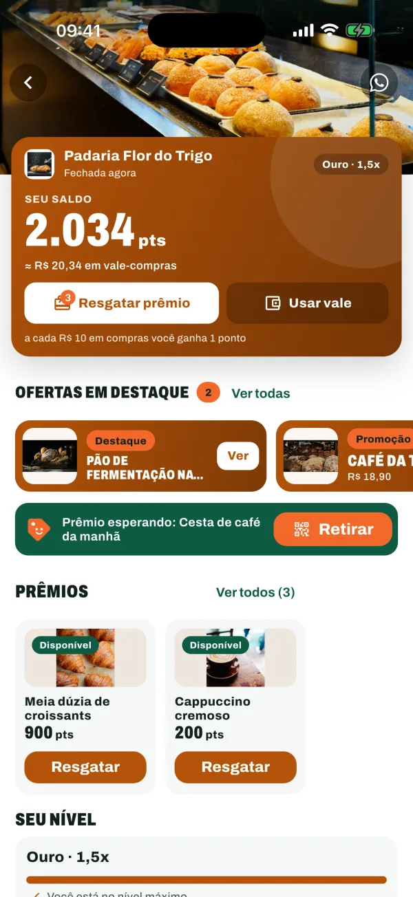 Página da Padaria Flor do Trigo no app Cátiva: saldo de 2.034 pontos, ofertas e prêmios