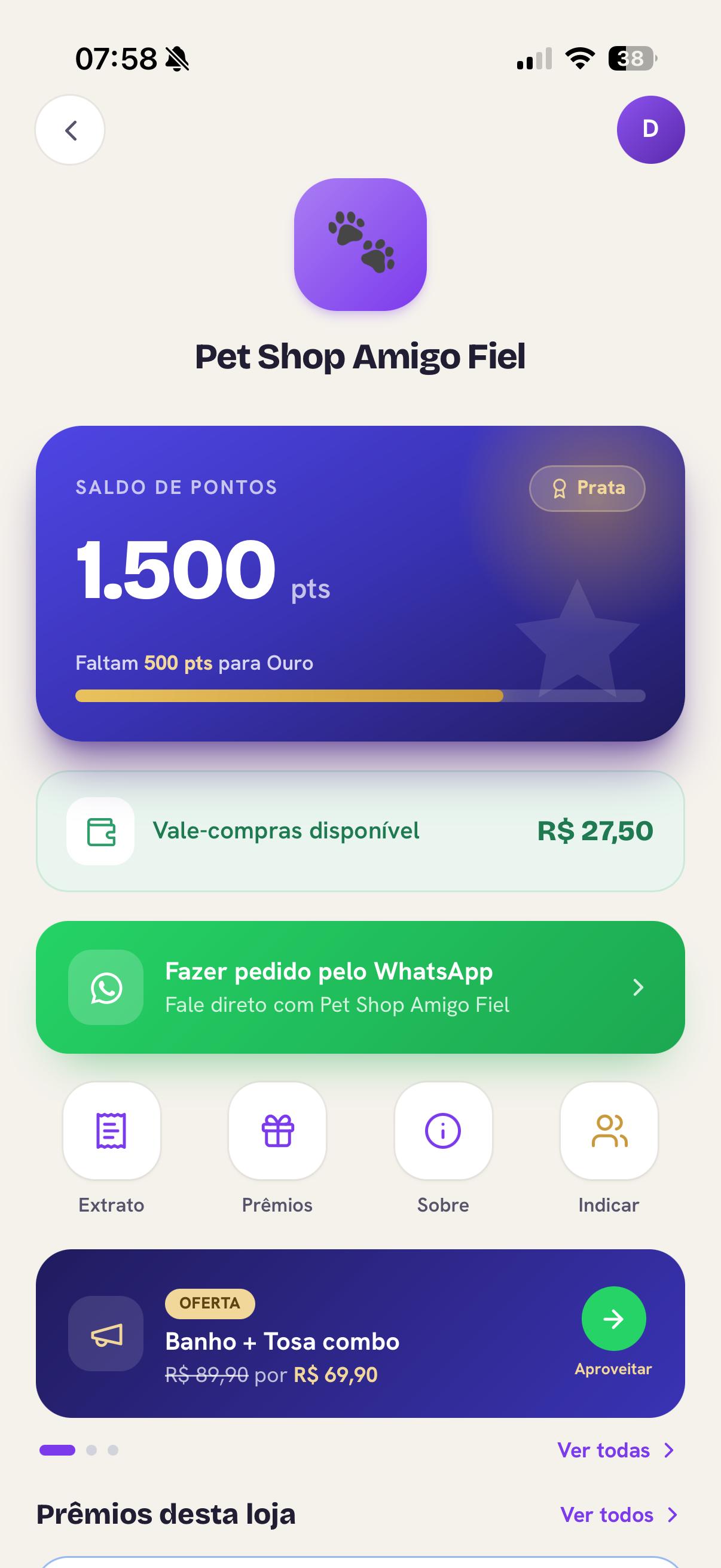 App da Cátiva mostrando os pontos do cliente